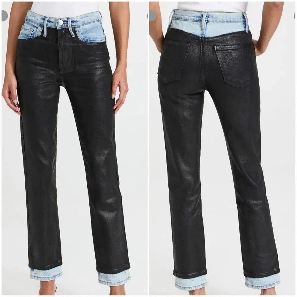 FRAME Le Sylvie Coated Combo Two-Tone Straight Leg Jeans Black Denim Size 28